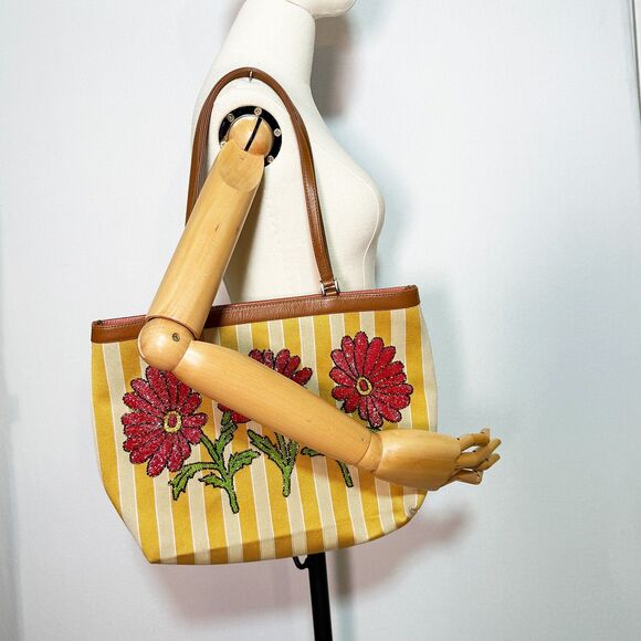 Isabella Fiore | Yellow and Cream Striped | Beaded 3 Flower Handbag | Medium - Picture 1 of 9